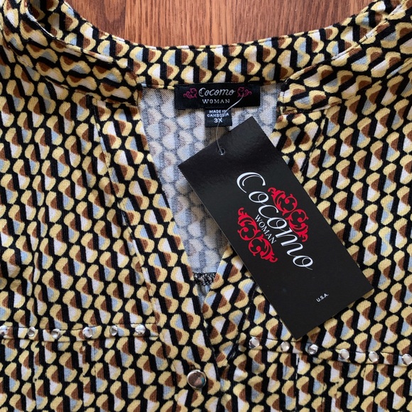 COCOMO 3X yellow brown poly spandex flannel 3/4 sleeve women’s Pintuck tunic - Picture 12 of 15